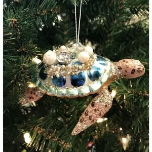 Sea Turtle Christmas Ornament Glass Aqua Blue Nautical Ocean Seaside Jeweled
